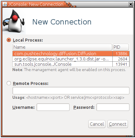 Screenshot of the New Connection dialog in JConsole. The dialog displays the choices "Local Process" and "Remote Process". "Local Process" is selected. Beneath "Local Process" is a list of available processes. The list has columns Name and PID. The option com.pushtechnology.diffusion.Diffusion is selected. The dialog has the buttons "Connect" and "Cancel".